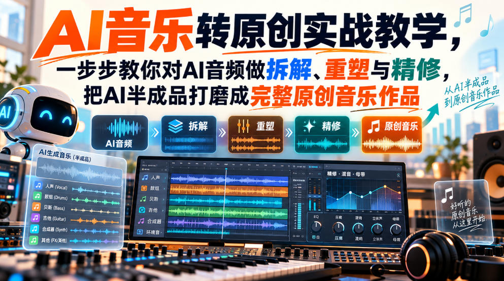 AI音乐转原创实战教学,一步步教你对AI音频做拆解、重塑与精修,把AI半成品打磨成完整原创音乐作品-朽念云创
