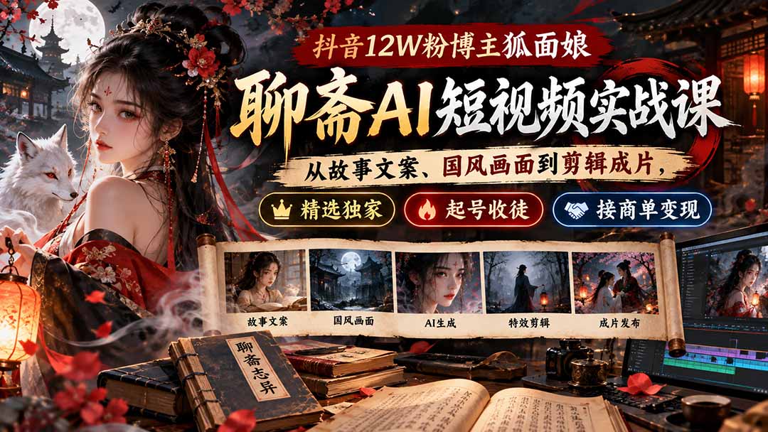 抖音12W粉博主狐面娘-聊斋AI短视频实战课：从故事文案、国风画面到剪辑成片，精选独家+起号收徒+接商单变现-朽念云创