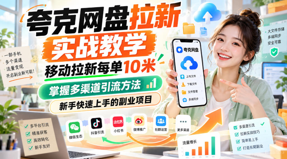 夸克网盘拉新实战教学，移动拉新每单10米，掌握多渠道引流方法，新手快速上手的副业项目-朽念云创
