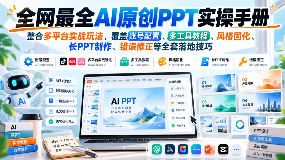全网最全AI原创PPT实操手册,整合多平台实战玩法,覆盖账号配置、多工具教程、风格固化、长PPT制作、错误修正等全套落地技巧-朽念云创
