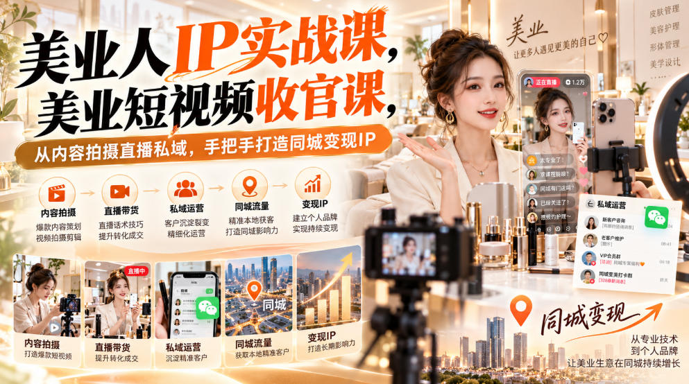 【无水印】美业人IP实战课，美业短视频收官课，从内容拍摄直播私域，手把手打造同城变现IP-朽念云创