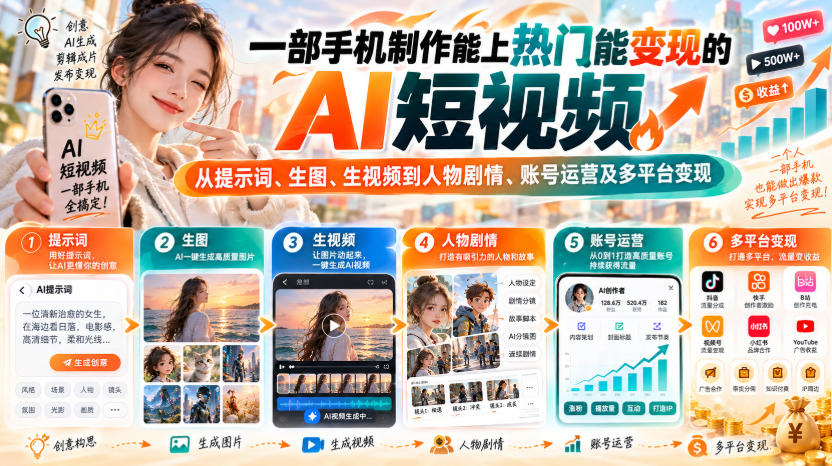 【无水印】一部手机制作能上热门能变现的AI短视频，从提示词、生图、生视频到人物剧情、账号运营及多平台变现-朽念云创
