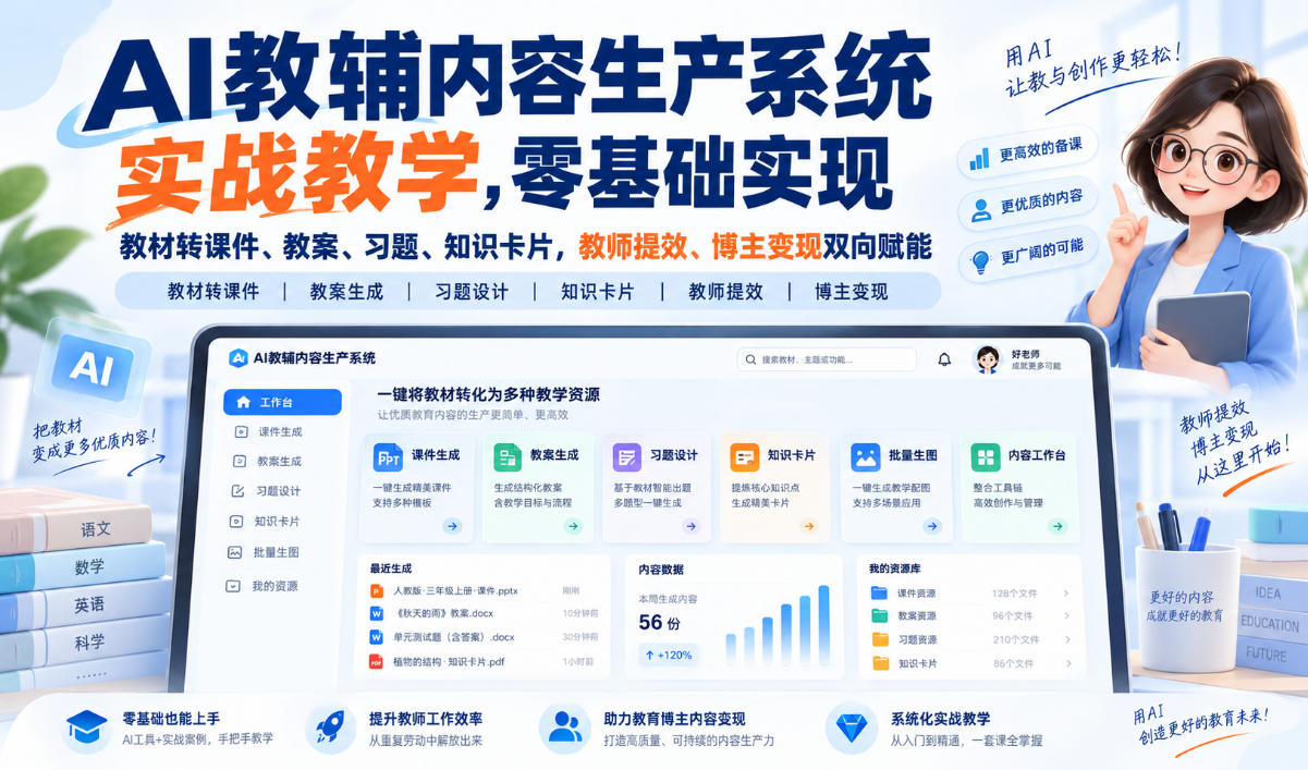 【无水印】AI教辅内容生产系统实战教学，零基础实现教材转课件、教案、习题、知识卡片，教师提效、博主变现双向赋能(更新0926)-朽念云创