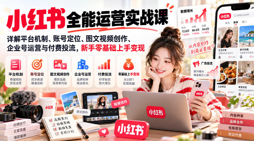 小红书全能运营实战课，详解平台机制、账号定位、图文视频创作、企业号运营与付费投流，新手零基础上手变现-朽念云创