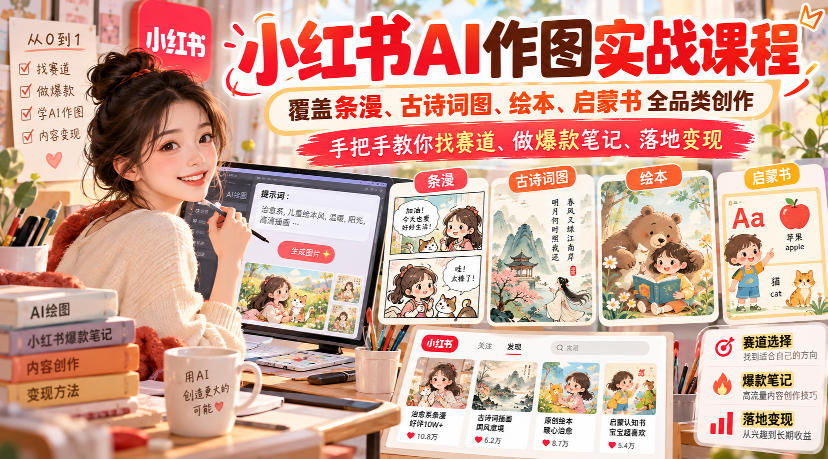 小红书AI作图实战课程，覆盖条漫、古诗词图、绘本、启蒙书全品类创作，手把手教你找赛道、做爆款笔记、落地变现-朽念云创
