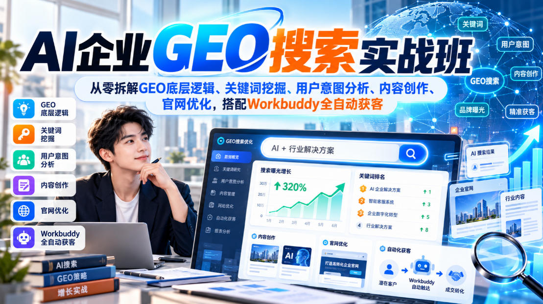 AI企业GEO搜索实战班，从零拆解GEO底层逻辑、关键词挖掘、用户意图分析、内容创作、官网优化，搭配Workbuddy全自动获客-朽念云创