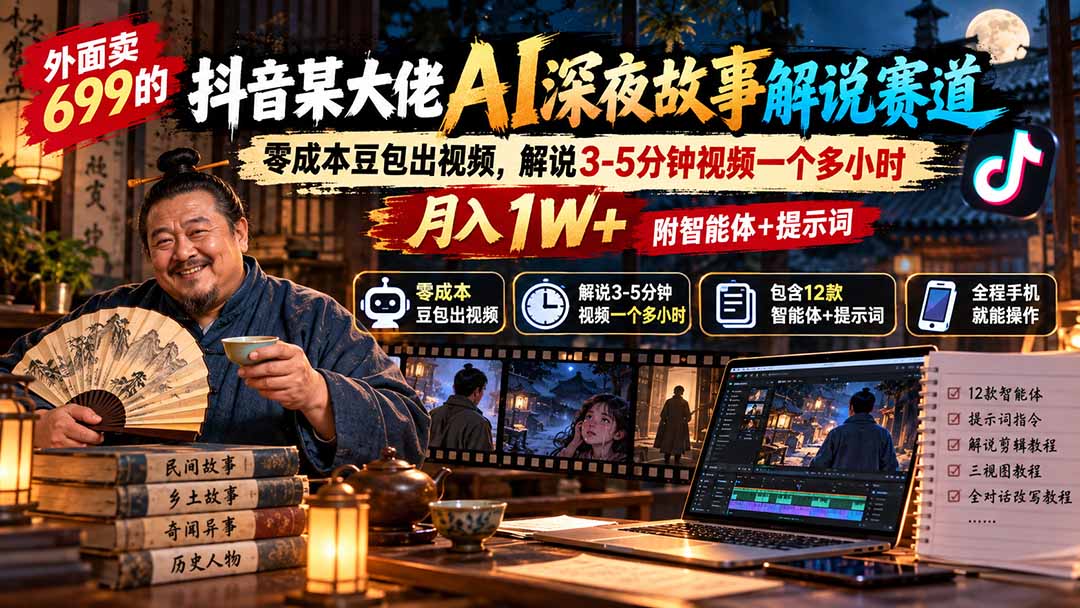 外面卖699的抖音某大佬AI深夜故事解说赛道：零成本豆包出视频，解说3-5分钟视频一个多小时，月入1W+附智能体+提示词-朽念云创