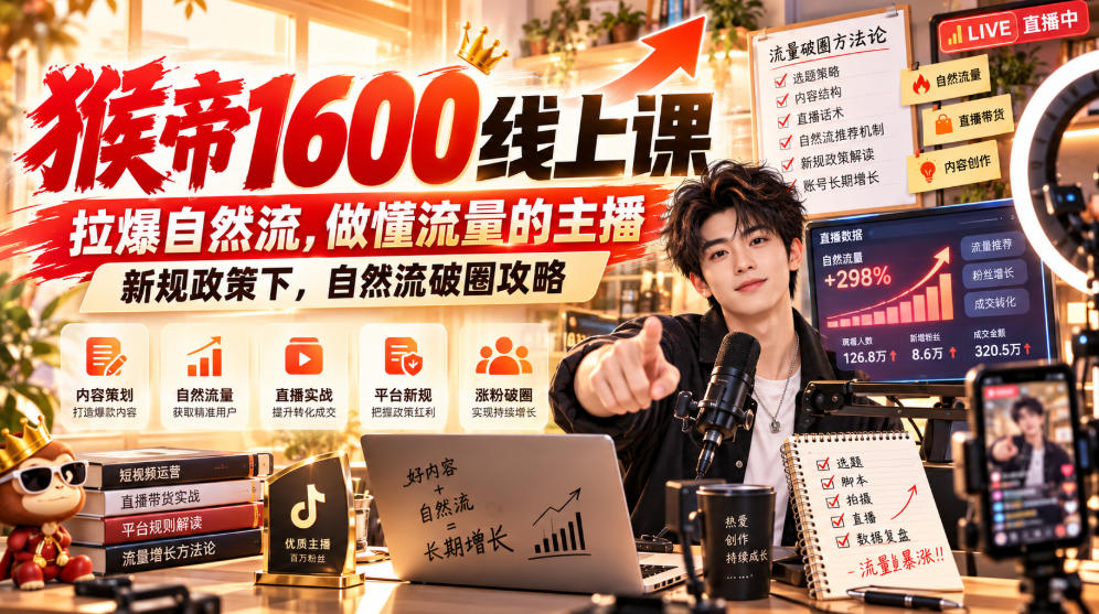 猴帝1600线上课，拉爆自然流，做懂流量的主播，新规政策下，自然流破圈攻略【更新260926】-朽念云创