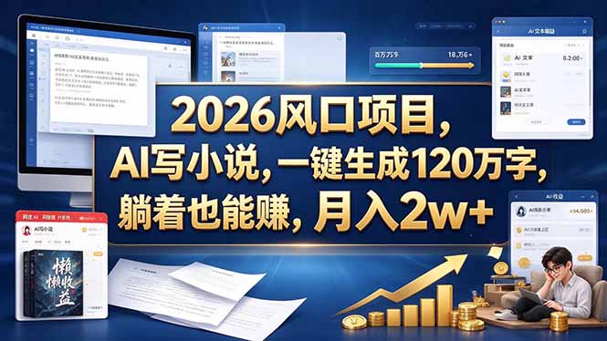 2026 风口项目，AI 写小说，一键生成 120 万字，躺着也能赚，月入 2w +-朽念云创