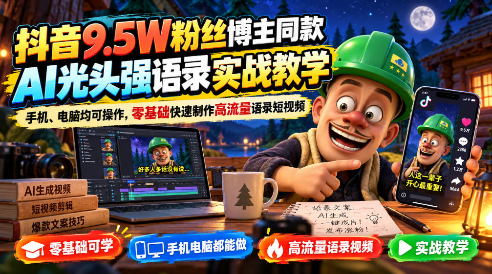 抖音9.5W粉丝博主同款AI光头强语录实战教学，手机、电脑均可操作，零基础快速制作高流量语录短视频-朽念云创