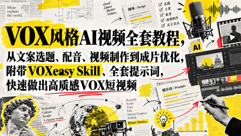 VOX风格AI视频全套教程,从文案选题、配音、视频制作到成片优化,附带VOXeasy Skill、全套提示词,快速做出高质感VOX短视频-朽念云创
