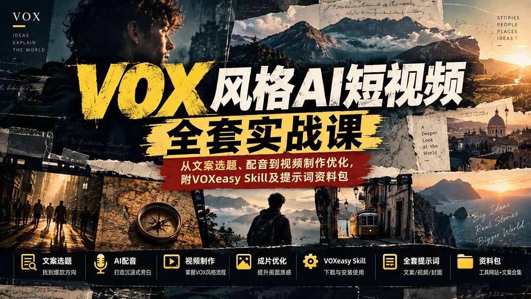 【无水印】VOX风格AI短视频全套实战课：从文案选题、配音到视频制作优化，附VOXeasy Skill及提示词资料包-朽念云创