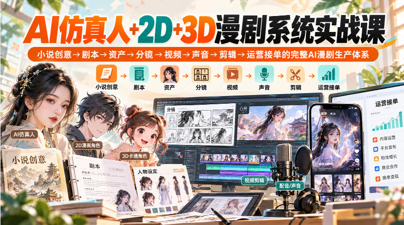 【无水印】AI仿真人+2D+3D漫剧系统实战课，小说创意→剧本→资产→分镜→视频→声音→剪辑→运营接单的完整AI漫剧生产体系-朽念云创
