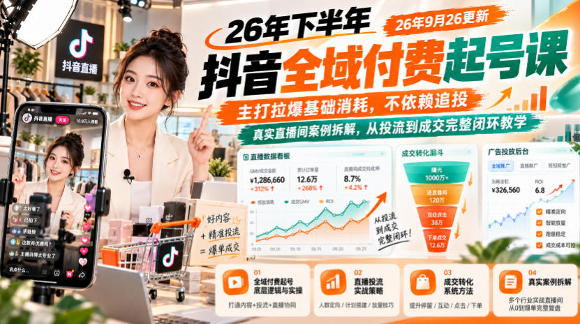 26年下半年抖音全域付费起号课26年9月26更新,主打拉爆基础消耗,不依赖追投,真实直播间案例拆解,从投流到成交完整闭环教学-朽念云创
