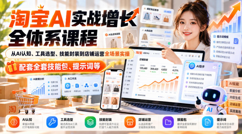 淘宝AI实战增长全体系课程,从AI认知、工具选型、技能封装到店铺运营全场景实操,配套全套技能包、提示词等-朽念云创