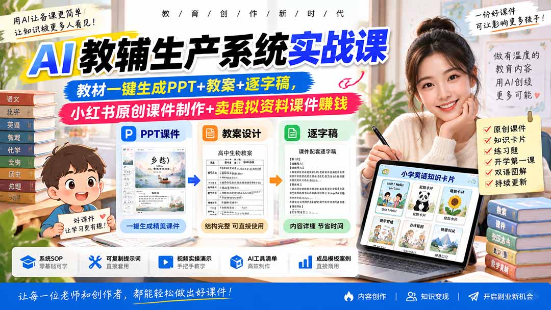 AI教辅生产系统实战课-更新0926｜教材一键生成PPT+教案+逐字稿，小红书原创课件制作+卖虚拟资料课件赚钱-朽念云创