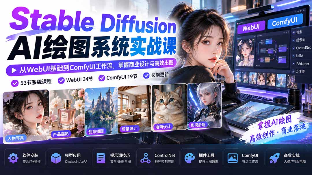 【无水印】Stable Diffusion AI绘图系统实战课：从WebUI基础到ComfyUI工作流，掌握商业设计与高效出图-朽念云创