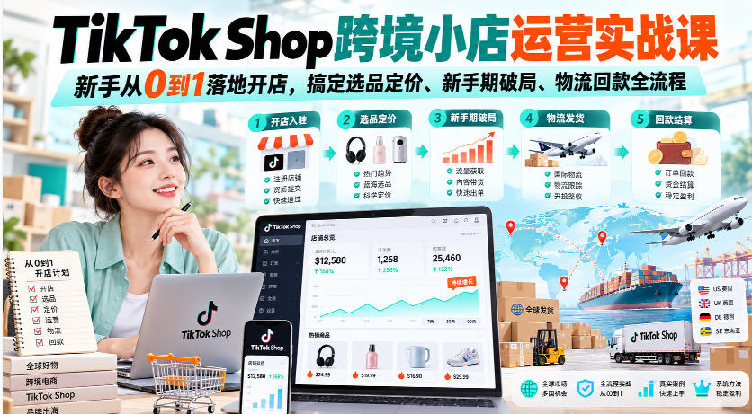 TikTok Shop跨境小店运营实战课,新手从0到1落地开店,搞定选品定价、新手期破局、物流回款全流程-朽念云创