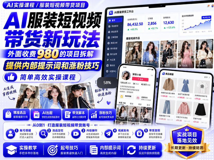 外面收费980AI快手带货系统课程，内部课程首次外放，操作简单高效，一分钟一条爆款视频-朽念云创