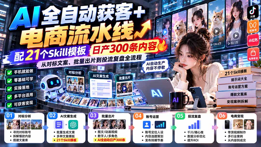 【无水印】AI全自动获客+电商流水线：配21个Skill模板，日产300条内容，从对标文案、批量出片到投流复盘全流程-朽念云创