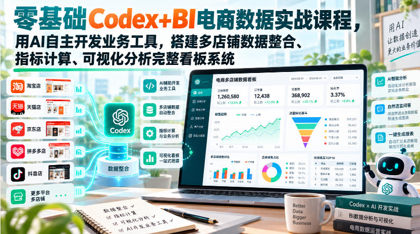 零基础Codex+BI电商数据实战课程，用AI自主开发业务工具，搭建多店铺数据整合、指标计算、可视化分析完整看板系统-朽念云创