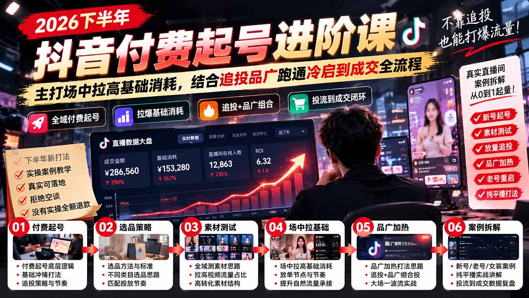 2026下半年抖音付费起号进阶课:主打场中拉高基础消耗,结合追投品广跑通冷启到成交全流程-朽念云创