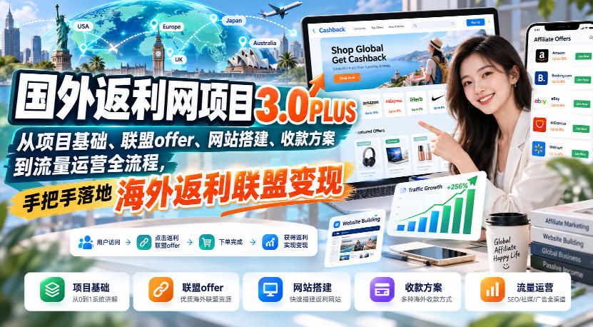 国外返利网项目3.0PLUS,从项目基础、联盟offer、网站搭建、收款方案到流量运营全流程,手把手落地海外返利联盟变现-朽念云创