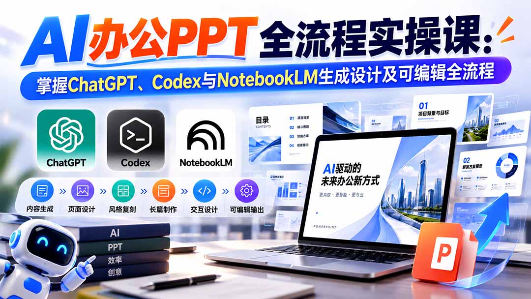 【无水印】AI办公PPT全流程实操课： 掌握ChatGPT、Codex与NotebookLM生成设计及可编辑全流程-朽念云创