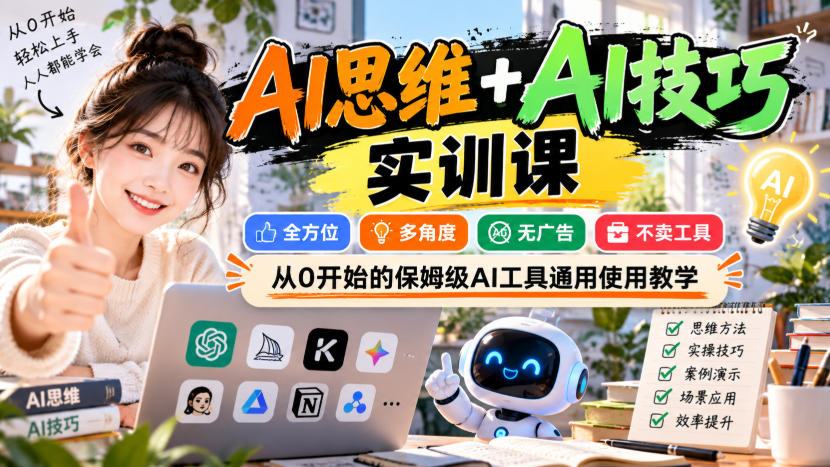【无水印】AI思维+AI技巧实训课，全方位、多角度、无广告、不卖工具，从0开始的保姆级AI工具通用使用教学-朽念云创