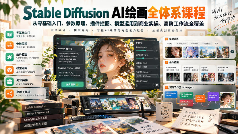 【无水印】Stable Diffusion AI绘画全体系课程，从零基础入门、参数原理、插件控图、模型运用到商业实操、高阶工作流全覆盖-朽念云创
