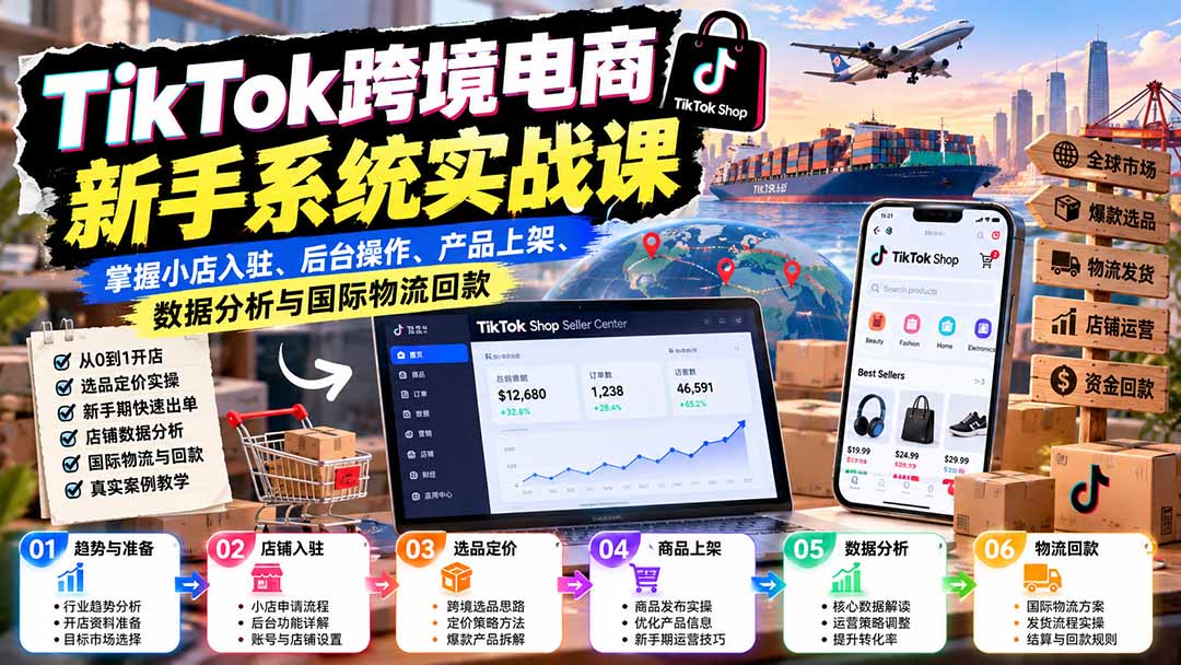 TikTok跨境电商新手系统实战课：掌握小店入驻、后台操作、产品上架、数据分析与国际物流回款-朽念云创