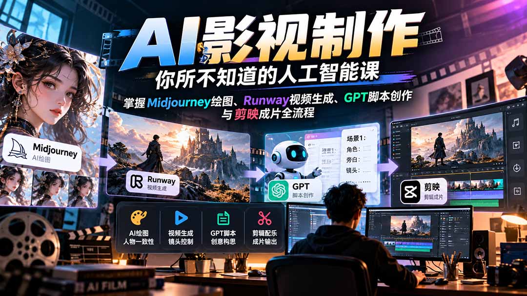 【无水印】AI影视制作-你所不知道的人工智能课，掌握Midjourney绘图、Runway视频生成、GPT脚本创作与剪映成片全流程-朽念云创
