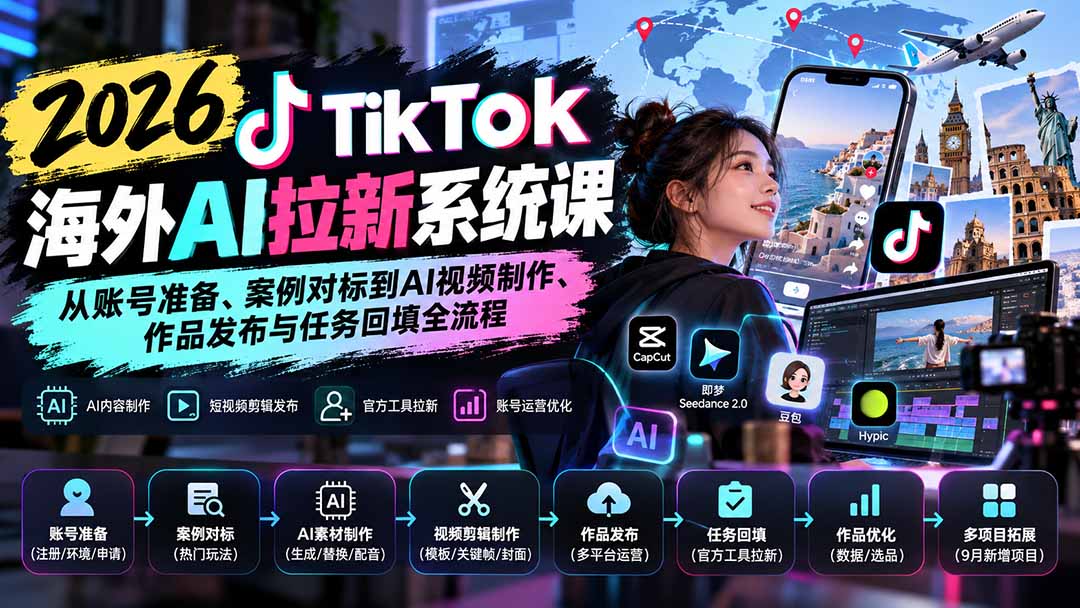 【无水印】2026 TikTok海外AI拉新系统课:从账号准备、案例对标到AI视频制作、作品发布与任务回填全流程-朽念云创