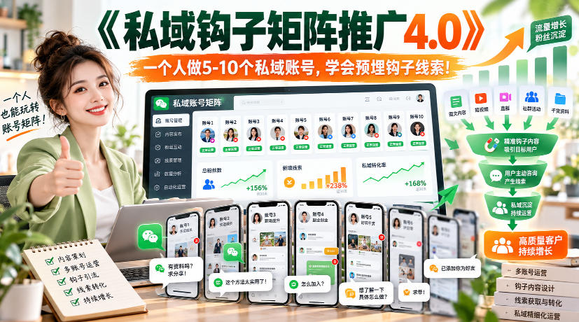 【无水印】《私域钩子矩阵推广4.0》一个人做5-10个私域账号，学会预埋钩子线索！-朽念云创