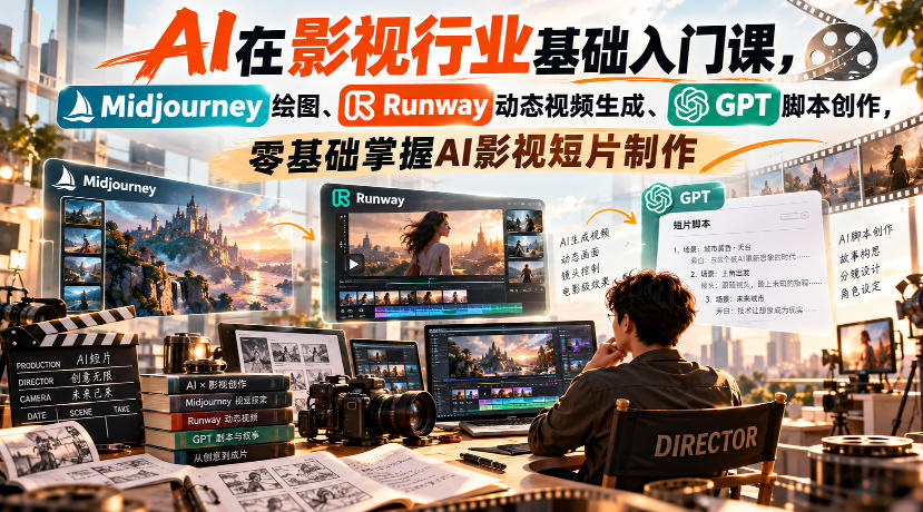 【无水印】AI在影视行业基础入门课，Midjourney绘图、Runway动态视频生成、GPT脚本创作，零基础掌握AI影视短片制作-朽念云创