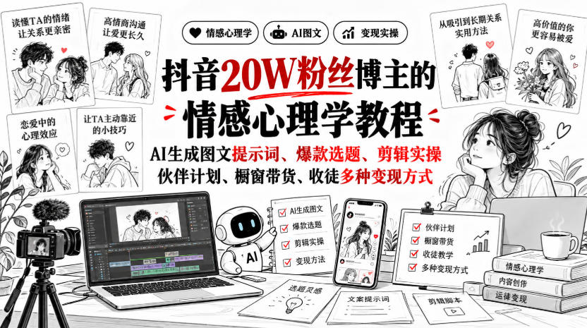 抖音20W粉丝博主静候心声的情感心理学教程，AI生成图文提示词、爆款选题、剪辑实操，伙伴计划、橱窗带货、收徒多种变现方式-朽念云创