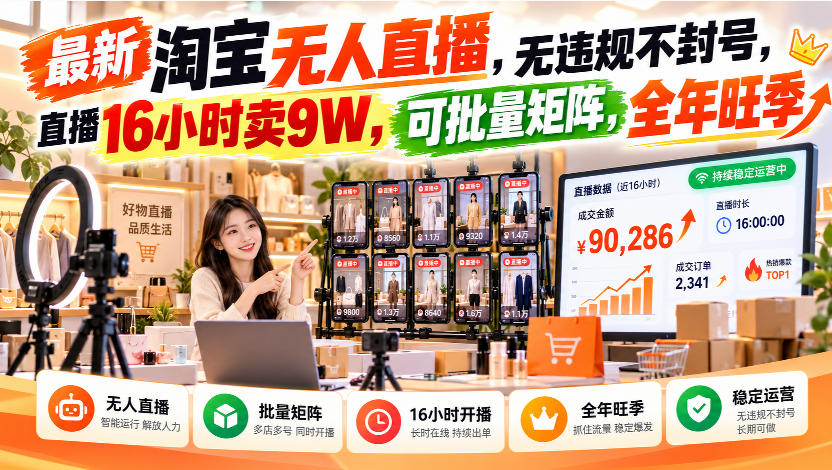 最新淘宝无人直播,无违规不封号,直播16小时卖9W,可批量矩阵,全年旺季【揭秘】-朽念云创