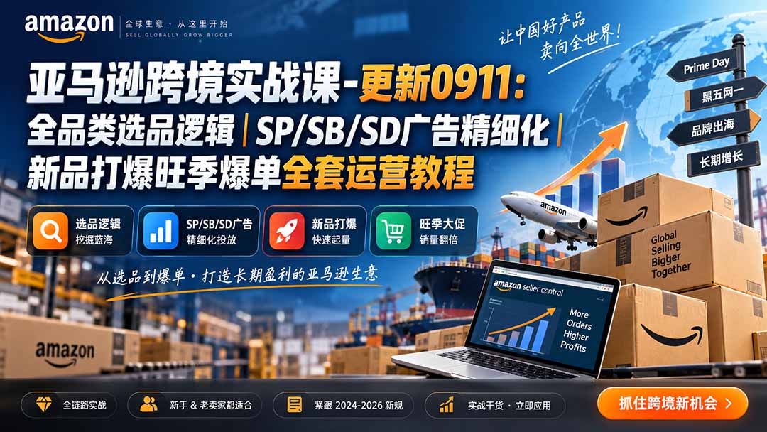 skyla亚马逊跨境实战课-更新0927:全品类选品逻辑|SP/SB/SD广告精细化|新品打爆旺季爆单全套运营教程-朽念云创