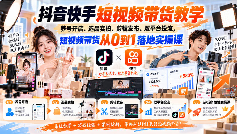 抖音快手短视频带货教学|养号开店、选品实拍、剪辑发布、双平台投流,短视频带货从0到1落地实操课-朽念云创