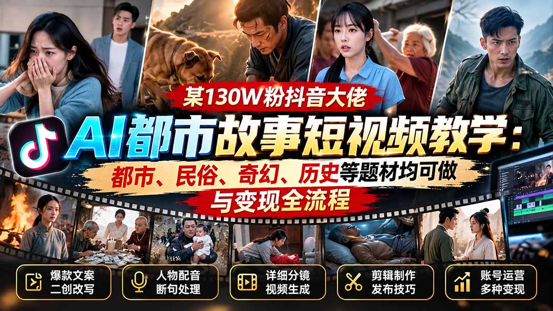 某130W粉抖音大佬AI都市故事短视频教学：都市、民俗、奇幻、历史等题材均可做与变现全流程-朽念云创