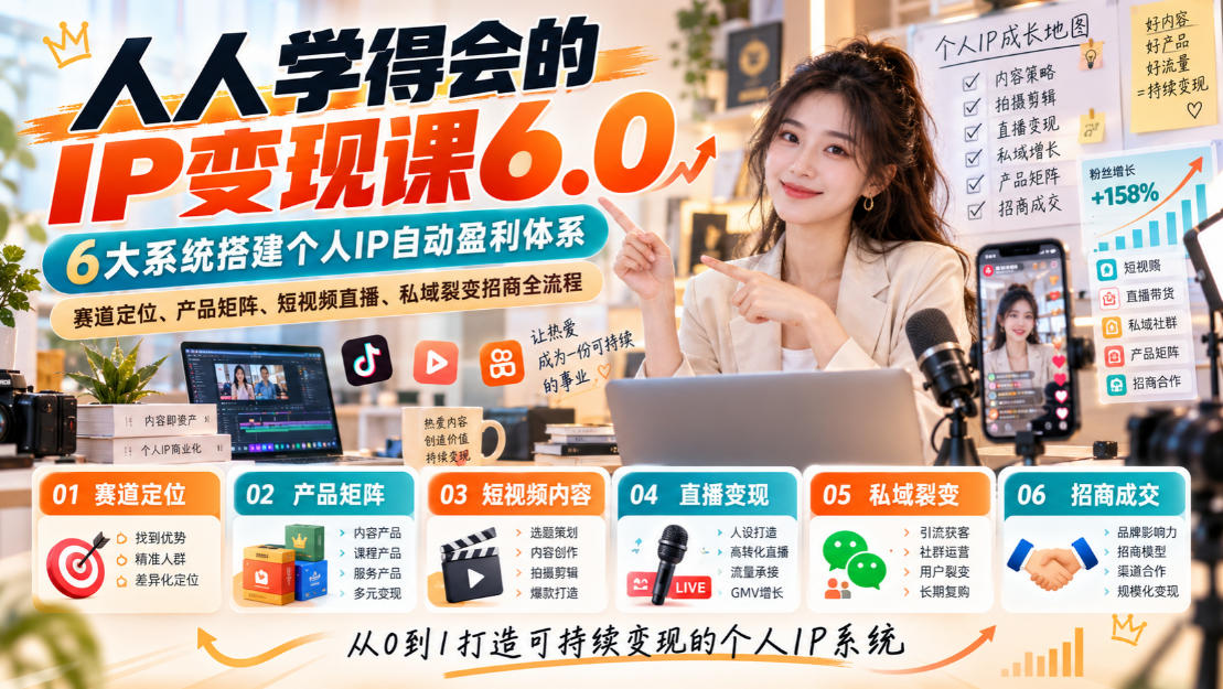 人人学得会的IP变现课6.0,6大系统搭建个人IP自动盈利体系,赛道定位、产品矩阵、短视频直播、私域裂变招商全流程-朽念云创