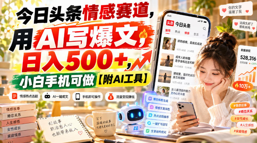 今日头条情感赛道,用AI写爆文,日入500+,小白手机可做【附AI工具】-朽念云创