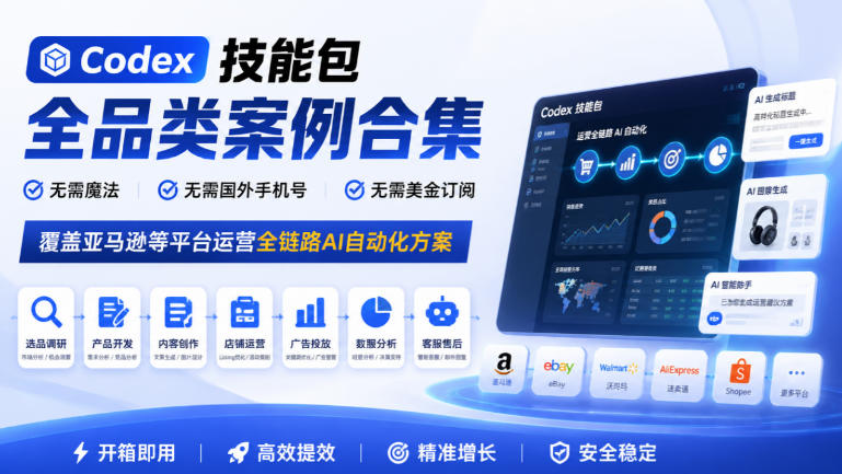 Codex技能包全品类案例合集,无需魔法、无需国外手机号、无需美金订阅,覆盖亚马逊等平台运营全链路AI自动化方案-朽念云创