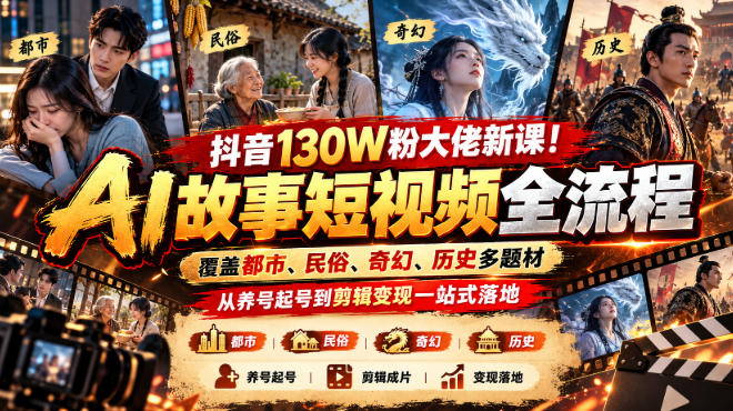 抖音130W粉大佬新课!AI故事短视频全流程,覆盖都市、民俗、奇幻、历史多题材,从养号起号到剪辑变现一站式落地-朽念云创