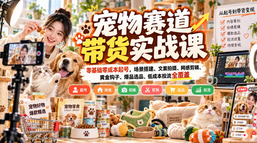 宠物赛道带货实战课，零基础零成本起号，场景搭建、文案拍摄、网感剪辑、黄金钩子、爆品选品、低成本投流全覆盖-朽念云创