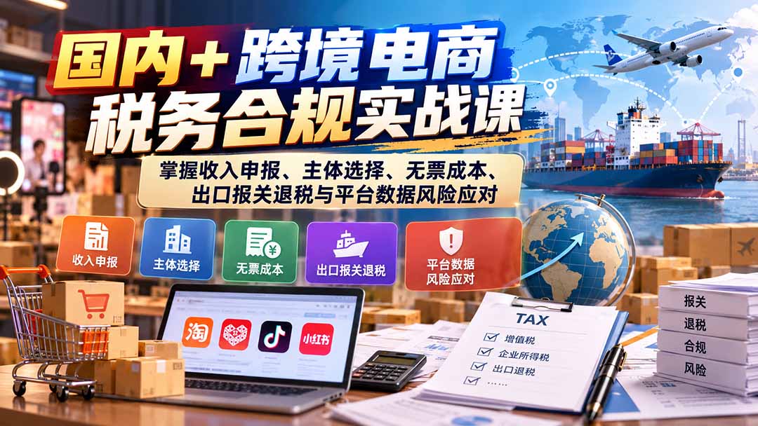 国内+跨境电商税务合规实战课:掌握收入申报、主体选择、无票成本、出口报关退税与平台数据风险应对-朽念云创