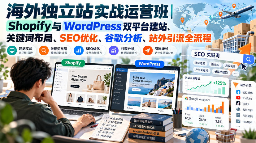 海外独立站实战运营班|Shopify与WordPress双平台建站、关键词布局、SEO优化、谷歌分析、站外引流全流程-朽念云创