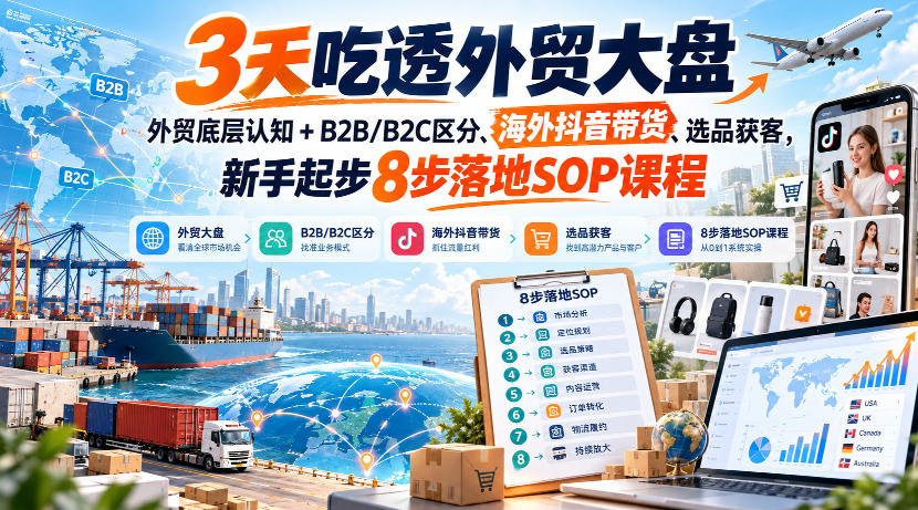 3天吃透外贸大盘,外贸底层认知+B2B/B2C区分、海外抖音带货、选品获客,新手起步8步落地SOP课程-朽念云创