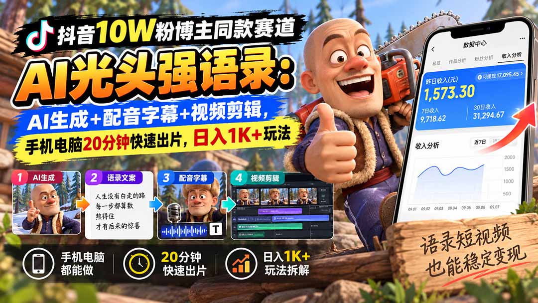 【无水印】抖音10W粉博主同款赛道AI光头强语录:AI生成+配音字幕+视频剪辑,手机电脑20分钟快速出片,日入1K+玩法-朽念云创