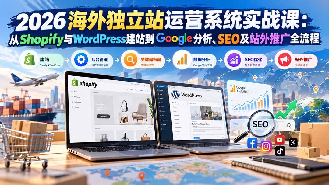 2026海外独立站运营系统实战课:从Shopify与WordPress建站到Google分析、SEO及站外推广全流程-朽念云创